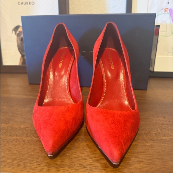 SERGIO ROSSI EUC Godiva Suede Pointed Toe Pumps Heels BB Royal Mary Red 38.5 - Picture 6 of 11